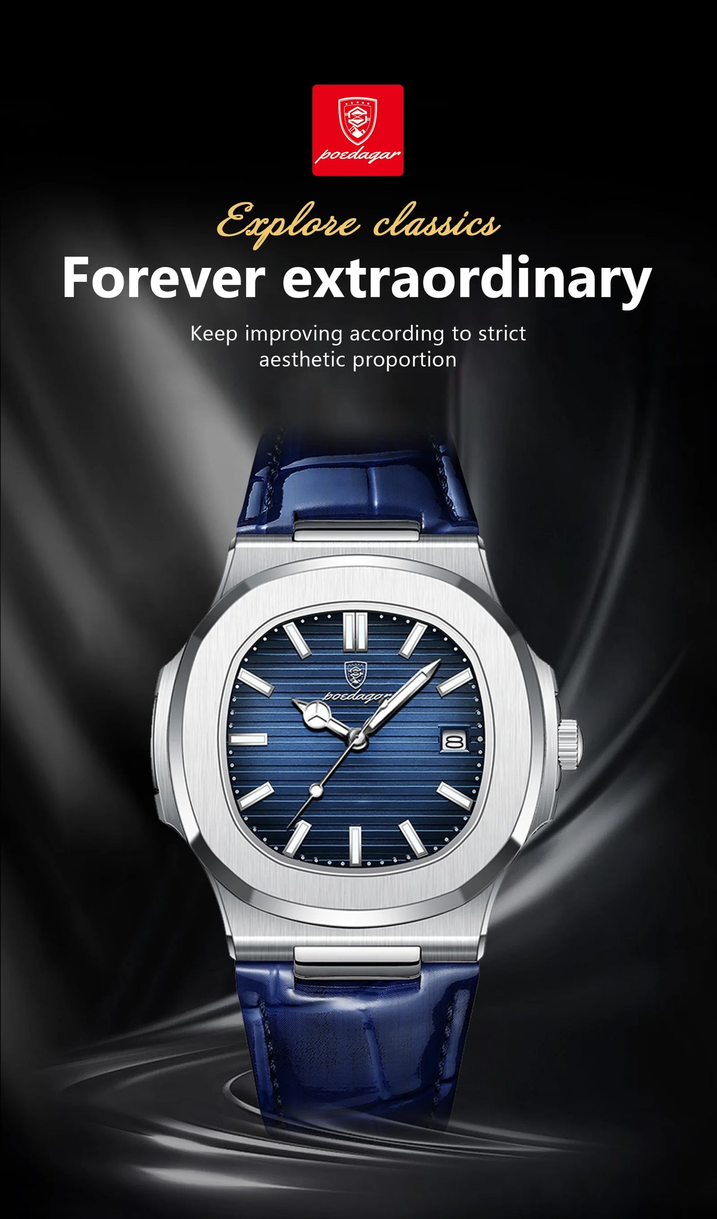 POEDAGAR Luxury Square Watch For Men Date Waterproof Luminous Quartz Business Man Wristwatch Leather Fashion Brand Men's Watches