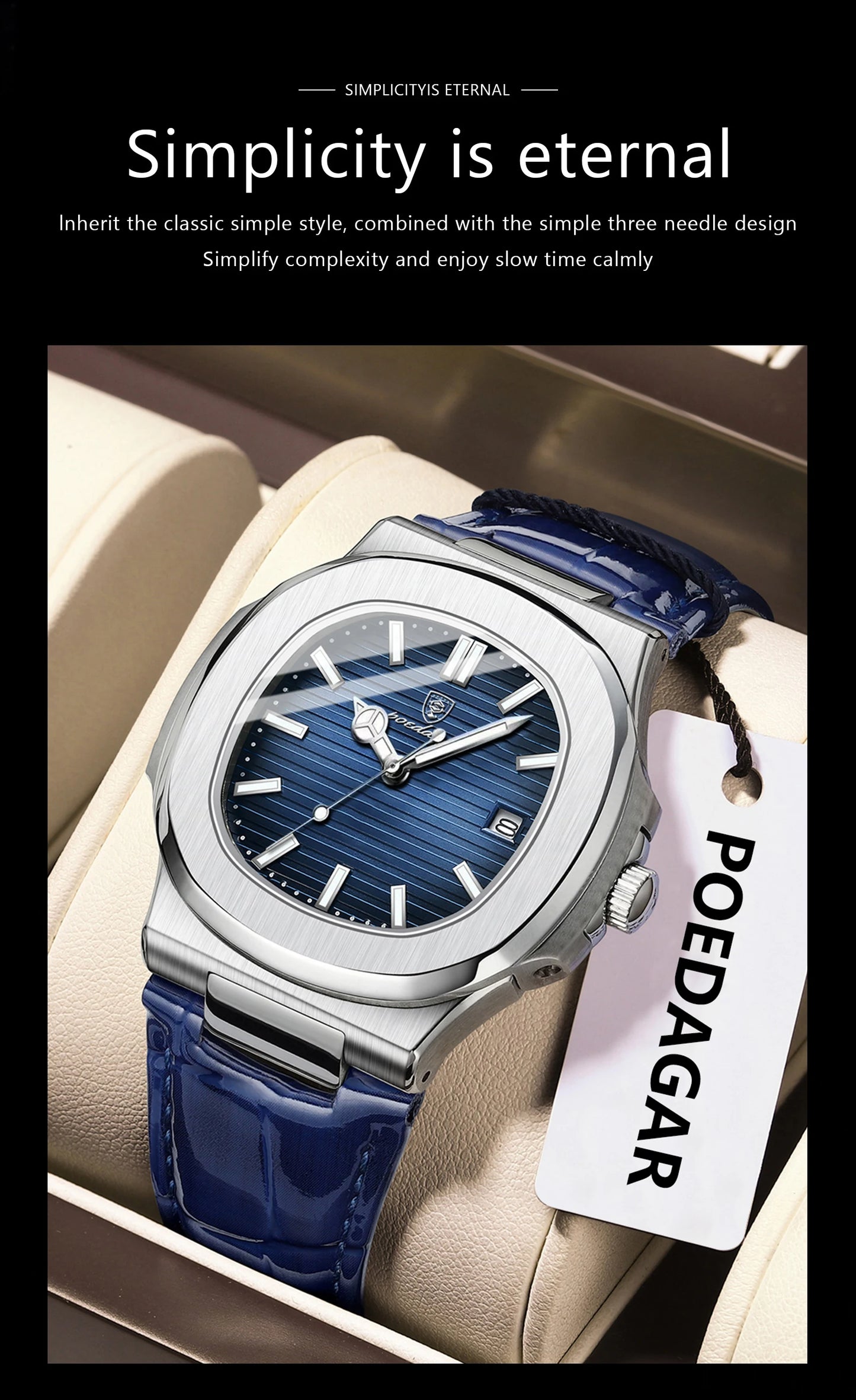 POEDAGAR Luxury Square Watch For Men Date Waterproof Luminous Quartz Business Man Wristwatch Leather Fashion Brand Men's Watches