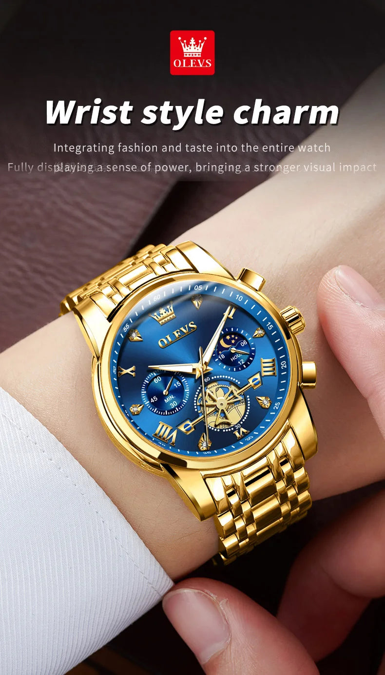 OLEVS 2856 Quartz Watches for Men Fashion Flywheel Design Chronograph Waterproof Luminous Calendar Moon Phase Men's Wristwatches