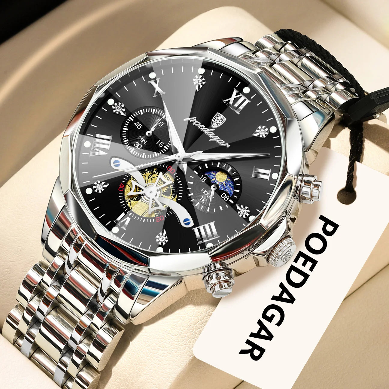 POEDAGAR Luxury Original Men Watch Waterproof Luminous Chronograph Man Wristwatch Stainless Steel Quartz Top Men's Watches Reloj