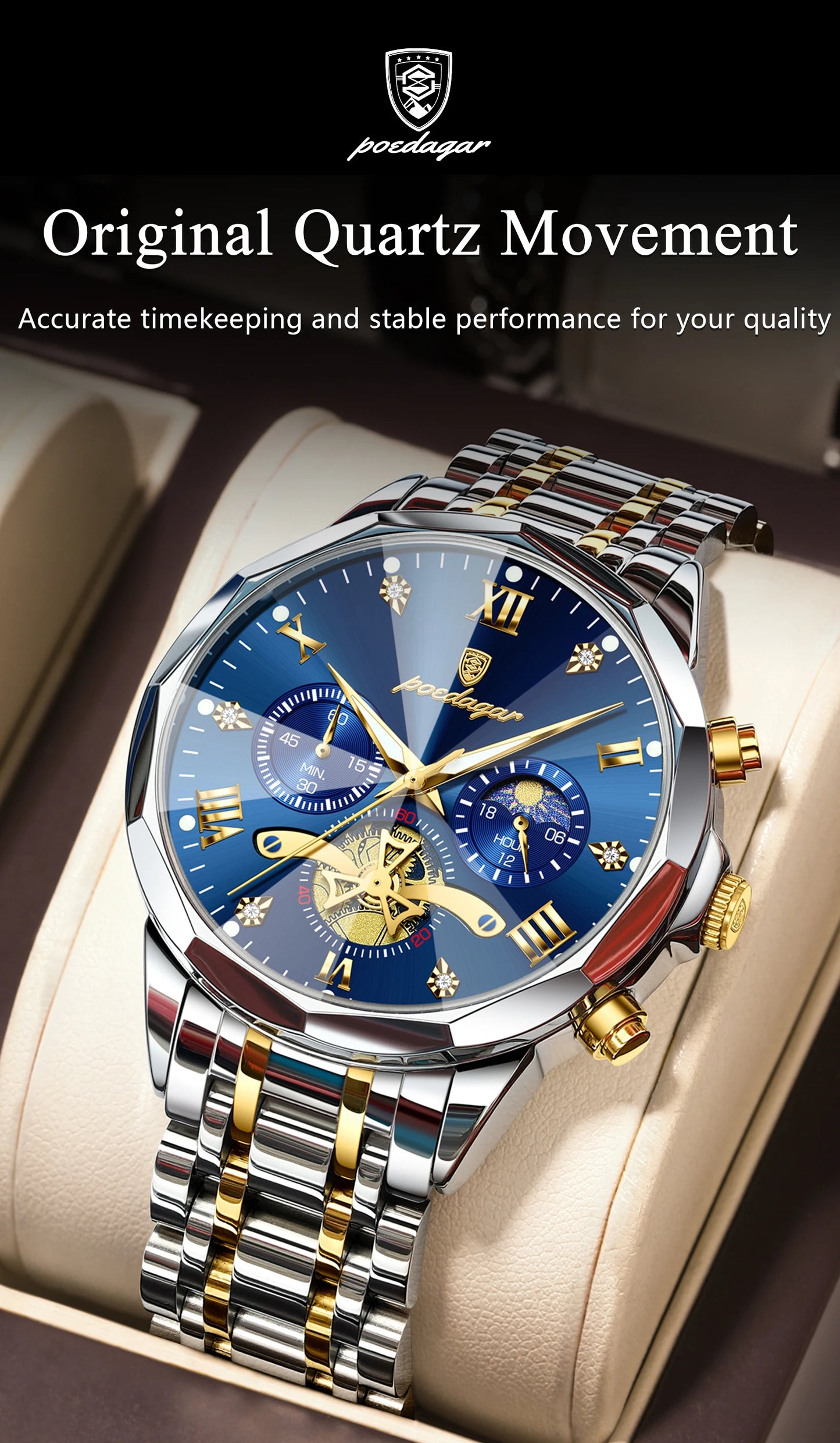 POEDAGAR Luxury Original Men Watch Waterproof Luminous Chronograph Man Wristwatch Stainless Steel Quartz Top Men's Watches Reloj