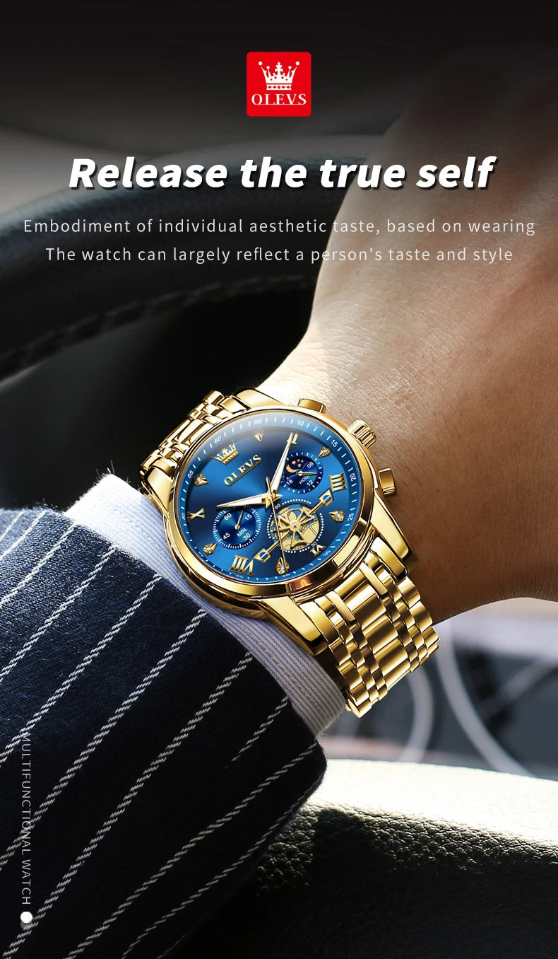 OLEVS 2856 Quartz Watches for Men Fashion Flywheel Design Chronograph Waterproof Luminous Calendar Moon Phase Men's Wristwatches