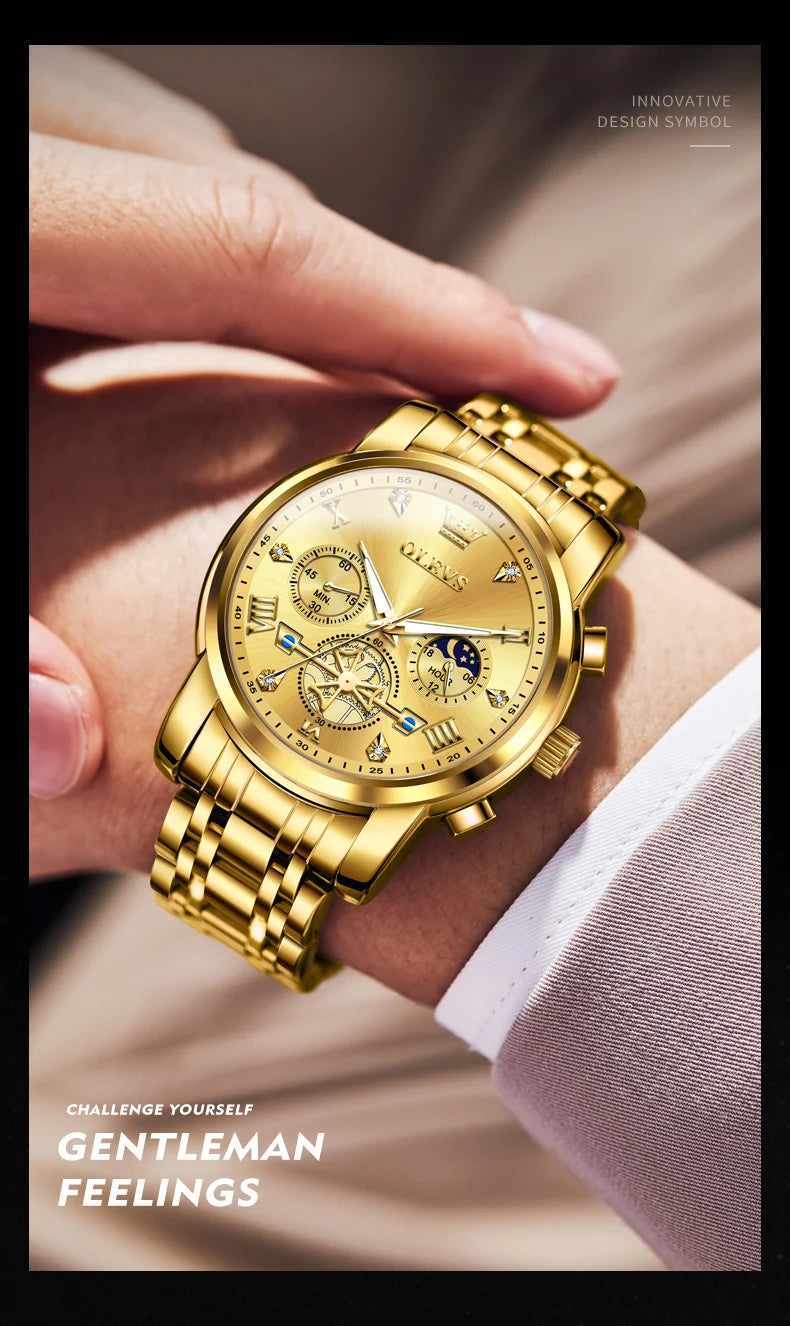 OLEVS 2856 Quartz Watches for Men Fashion Flywheel Design Chronograph Waterproof Luminous Calendar Moon Phase Men's Wristwatches