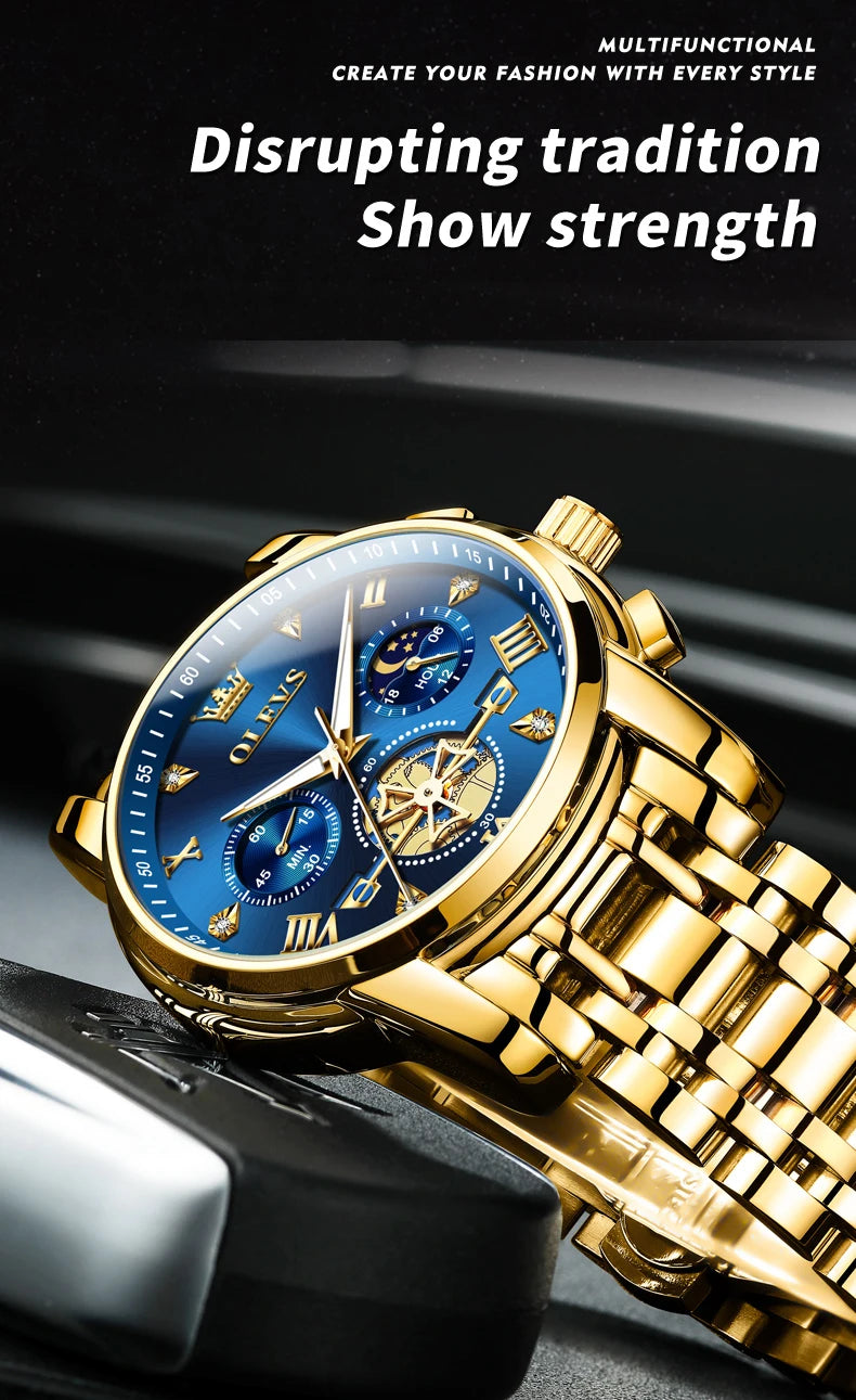 OLEVS 2856 Quartz Watches for Men Fashion Flywheel Design Chronograph Waterproof Luminous Calendar Moon Phase Men's Wristwatches