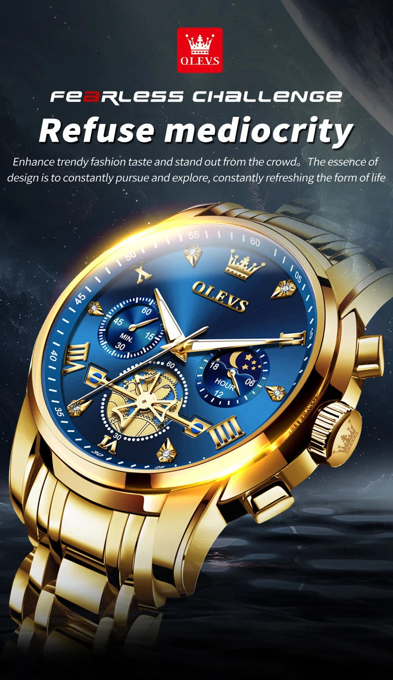 OLEVS 2856 Quartz Watches for Men Fashion Flywheel Design Chronograph Waterproof Luminous Calendar Moon Phase Men's Wristwatches