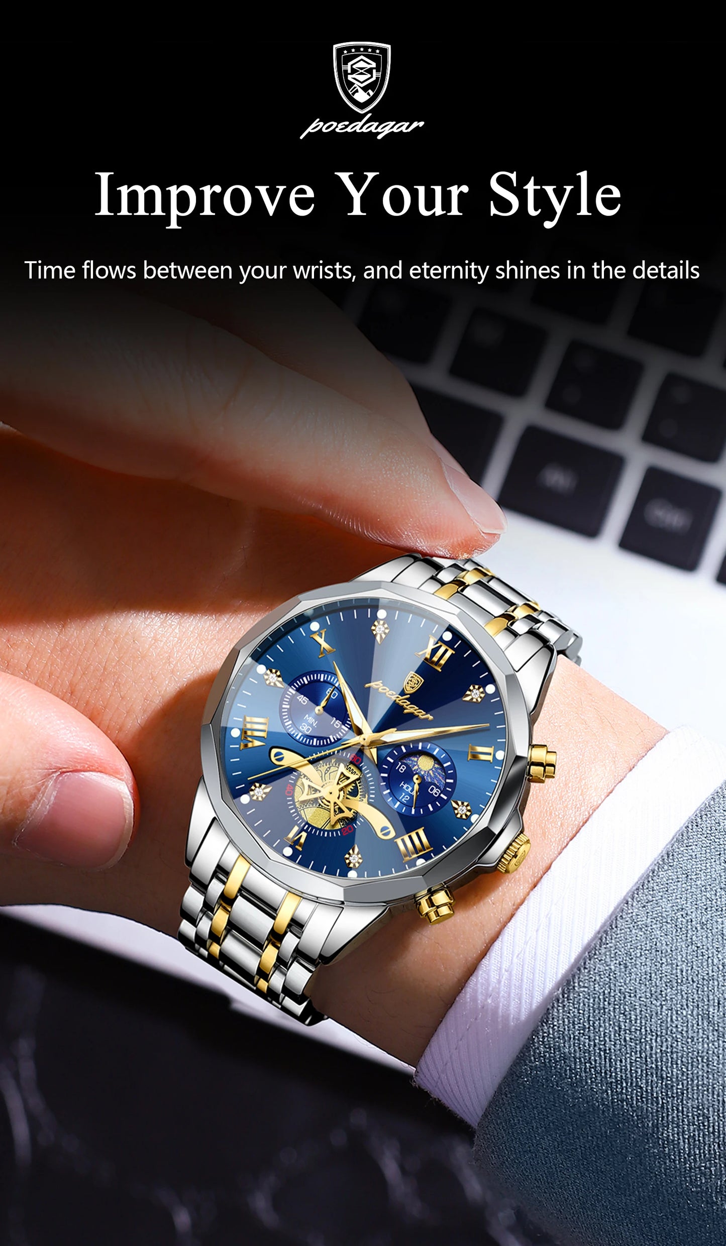 POEDAGAR Luxury Original Men Watch Waterproof Luminous Chronograph Man Wristwatch Stainless Steel Quartz Top Men's Watches Reloj