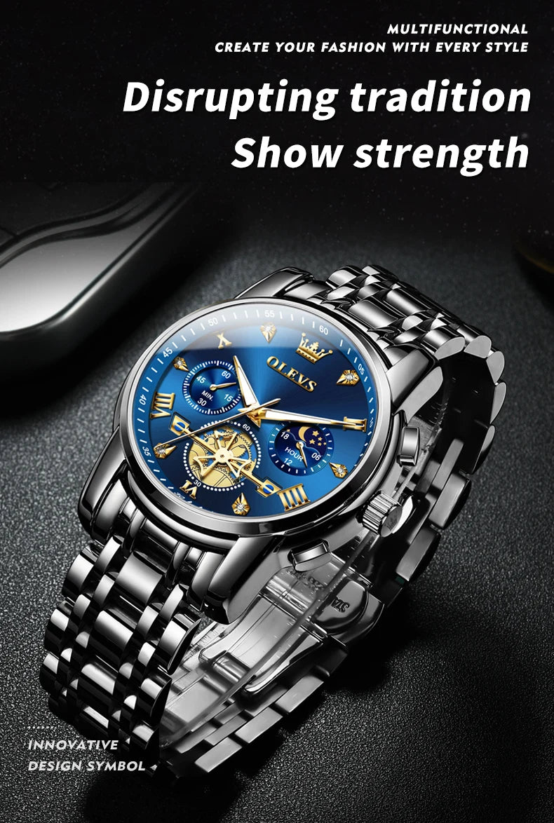 OLEVS 2856 Quartz Watches for Men Fashion Flywheel Design Chronograph Waterproof Luminous Calendar Moon Phase Men's Wristwatches