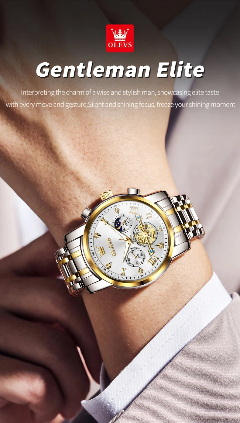 OLEVS 2856 Quartz Watches for Men Fashion Flywheel Design Chronograph Waterproof Luminous Calendar Moon Phase Men's Wristwatches