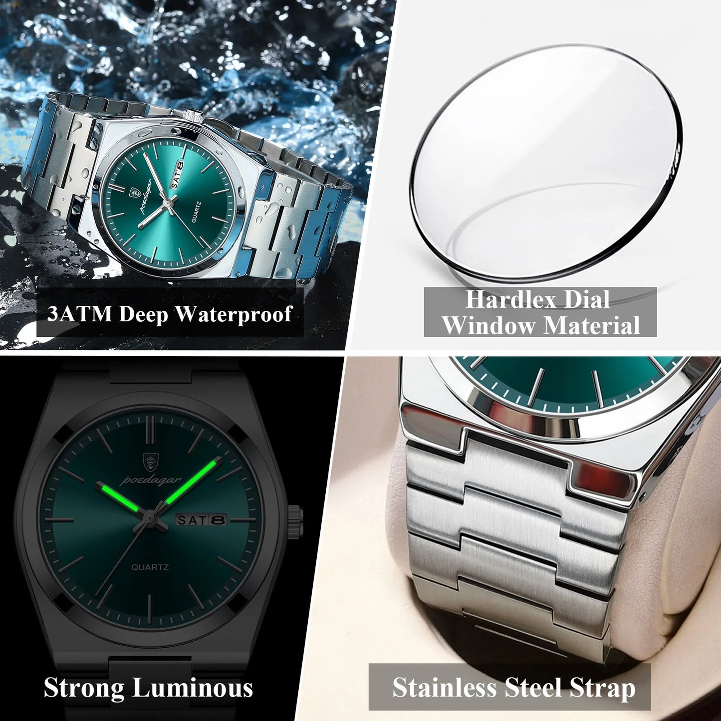 POEDAGAR Luxury Men's Watches Luminous Waterproof Stainless Steel Casual Men Clock Date Week Quartz Fashion Man Wristwatch Reloj