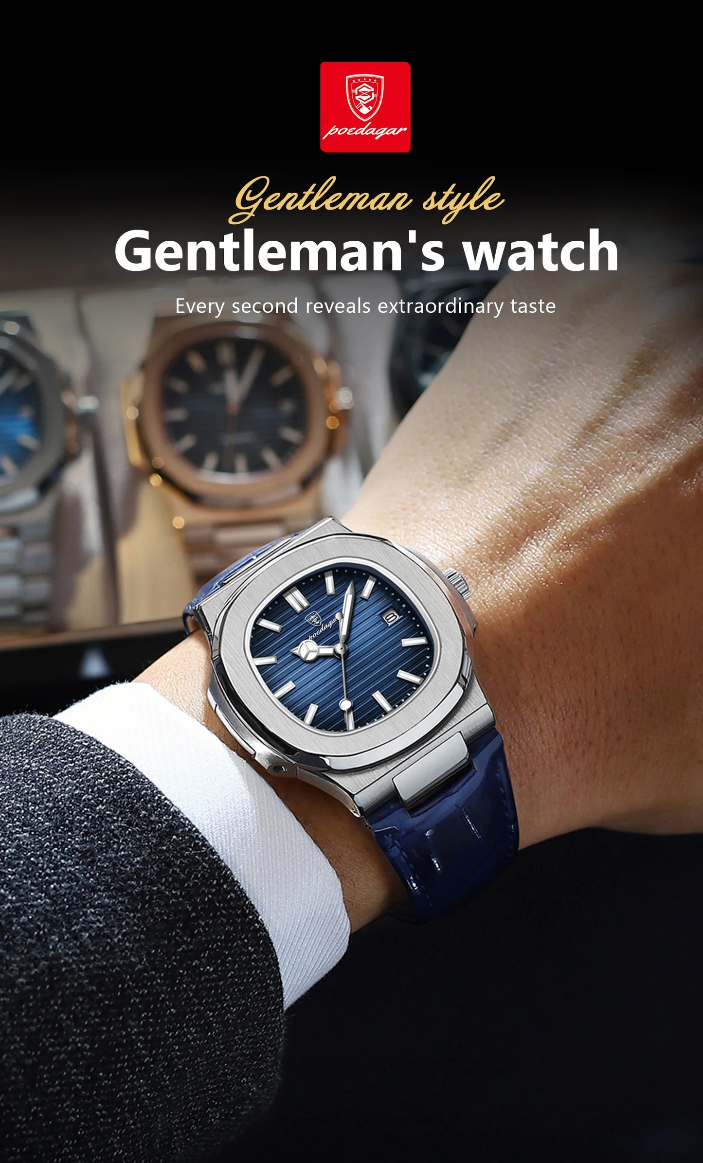 POEDAGAR Luxury Square Watch For Men Date Waterproof Luminous Quartz Business Man Wristwatch Leather Fashion Brand Men's Watches