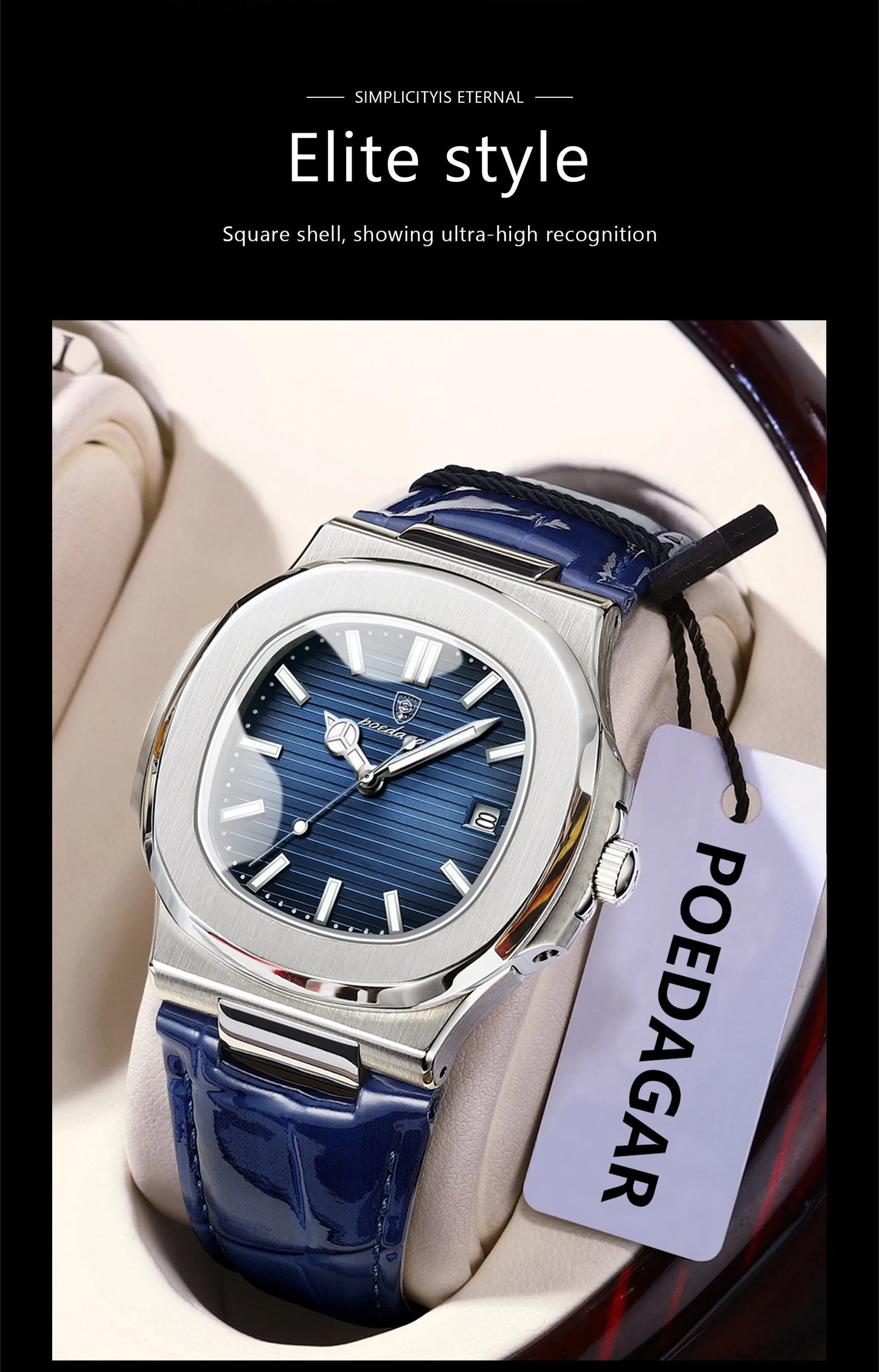 POEDAGAR Luxury Square Watch For Men Date Waterproof Luminous Quartz Business Man Wristwatch Leather Fashion Brand Men's Watches