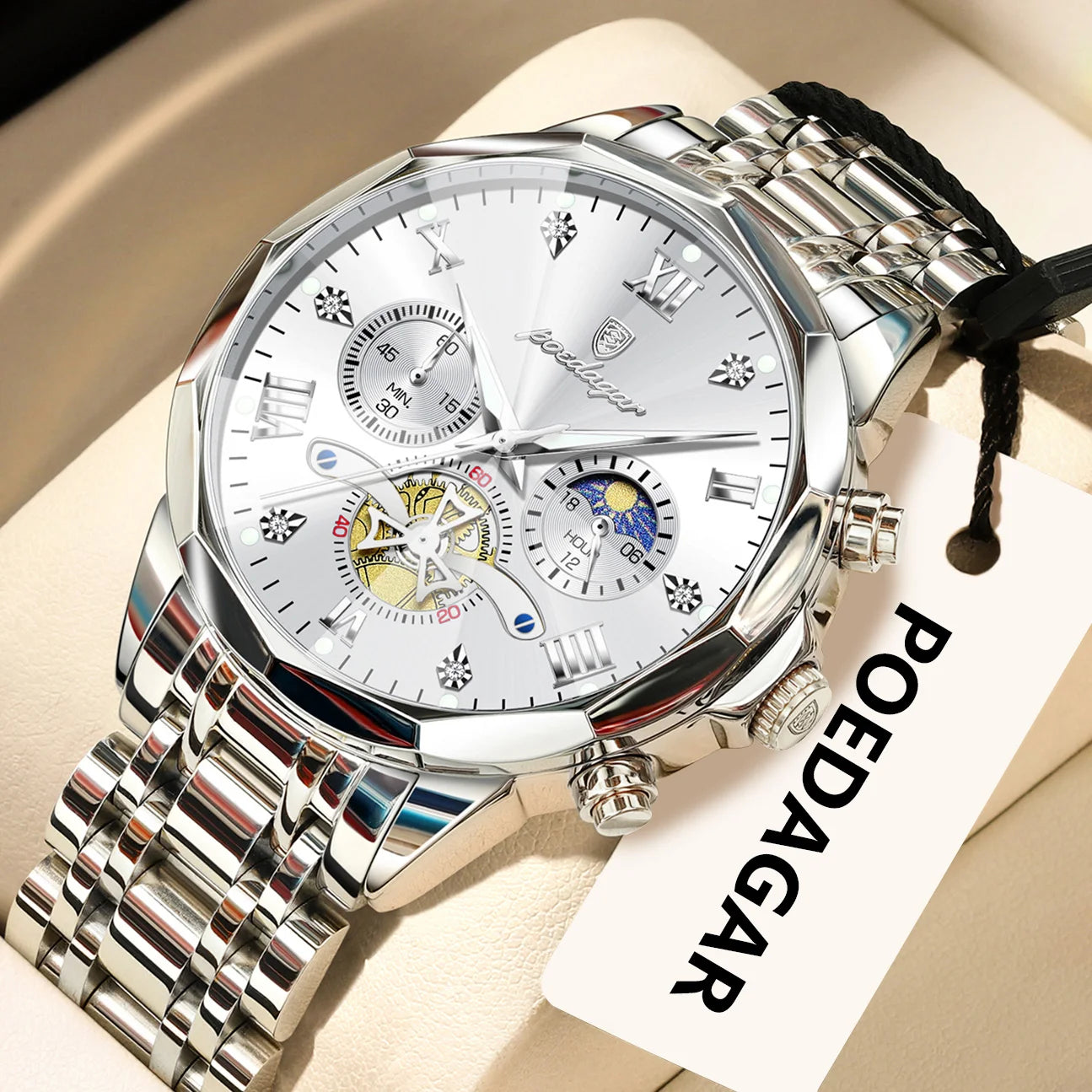 POEDAGAR Luxury Original Men Watch Waterproof Luminous Chronograph Man Wristwatch Stainless Steel Quartz Top Men's Watches Reloj