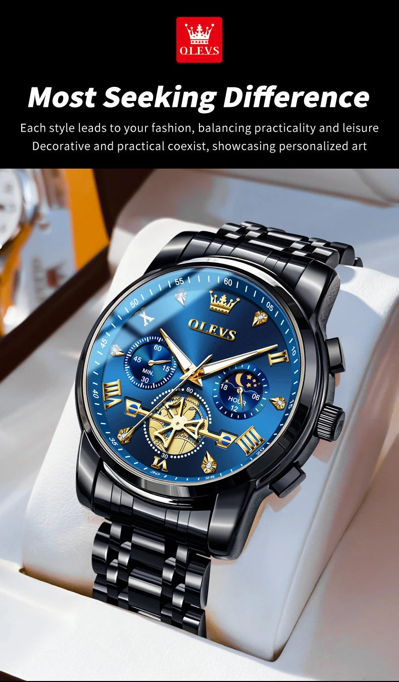 OLEVS 2856 Quartz Watches for Men Fashion Flywheel Design Chronograph Waterproof Luminous Calendar Moon Phase Men's Wristwatches