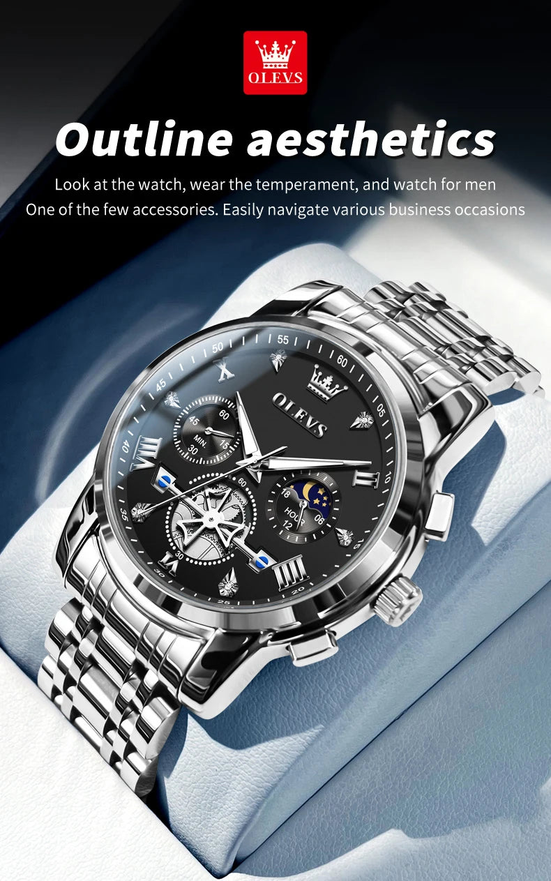 OLEVS 2856 Quartz Watches for Men Fashion Flywheel Design Chronograph Waterproof Luminous Calendar Moon Phase Men's Wristwatches