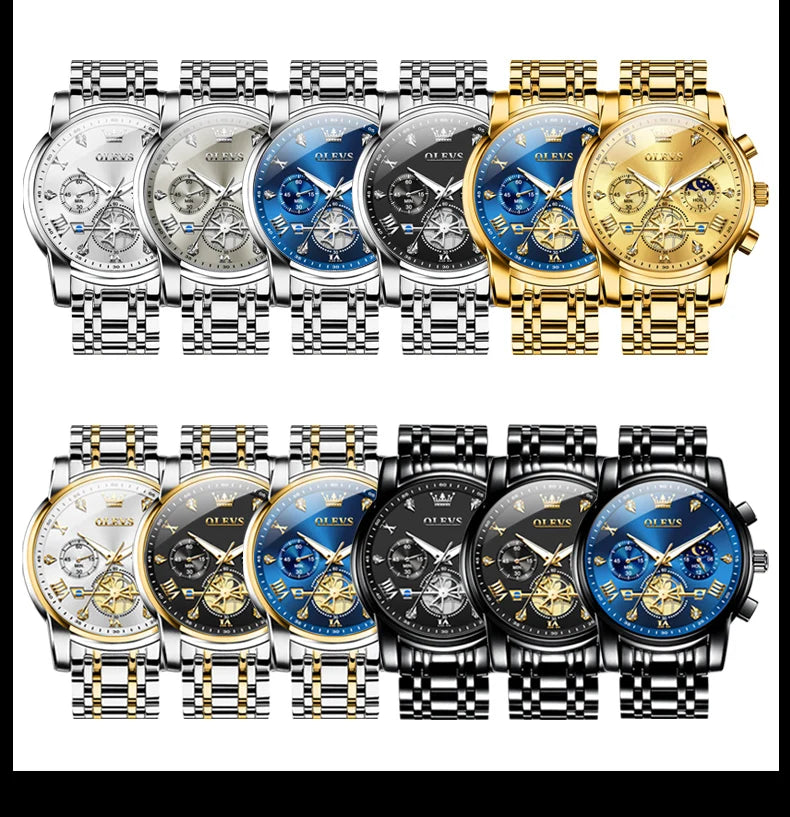OLEVS 2856 Quartz Watches for Men Fashion Flywheel Design Chronograph Waterproof Luminous Calendar Moon Phase Men's Wristwatches