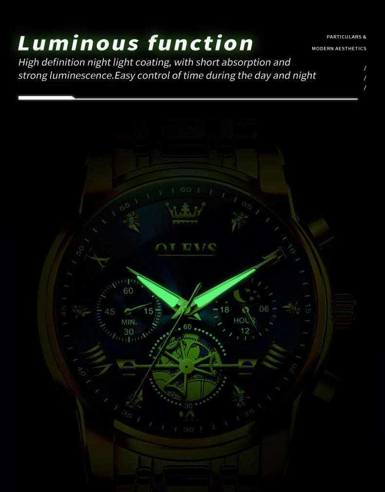 OLEVS 2856 Quartz Watches for Men Fashion Flywheel Design Chronograph Waterproof Luminous Calendar Moon Phase Men's Wristwatches