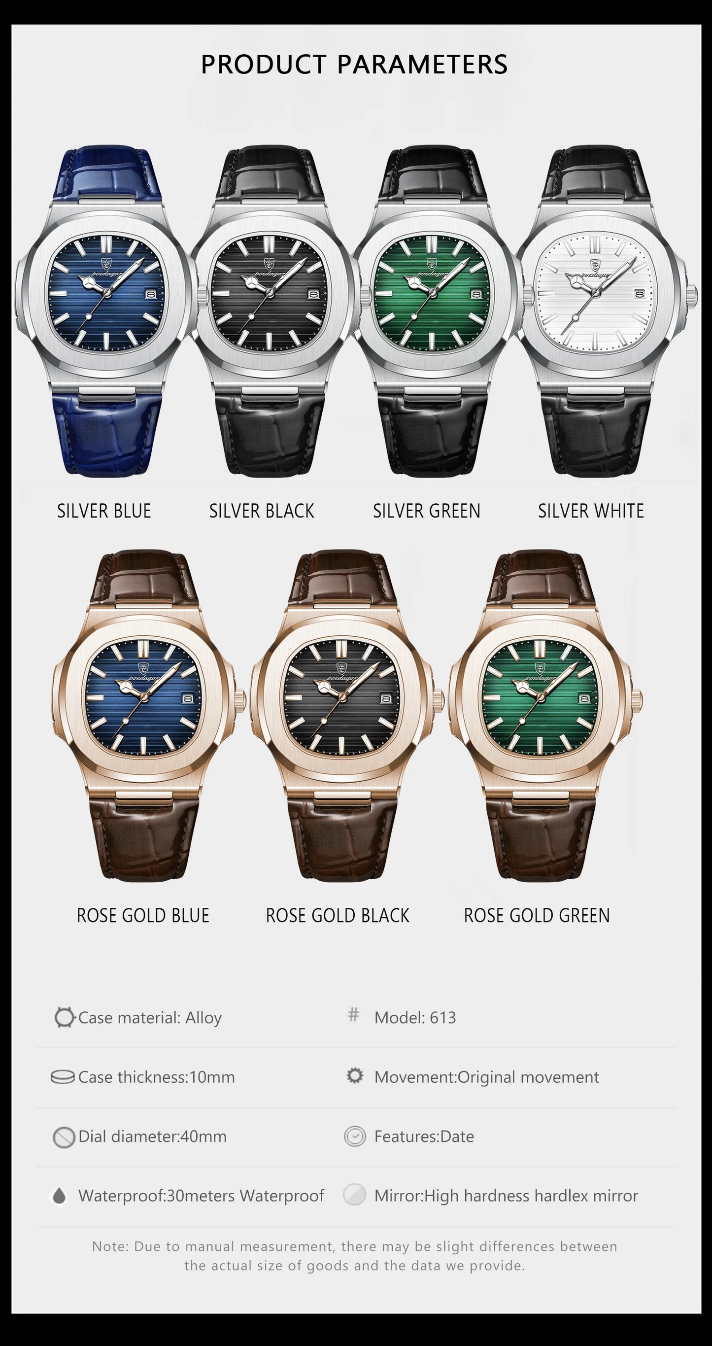 POEDAGAR Luxury Square Watch For Men Date Waterproof Luminous Quartz Business Man Wristwatch Leather Fashion Brand Men's Watches
