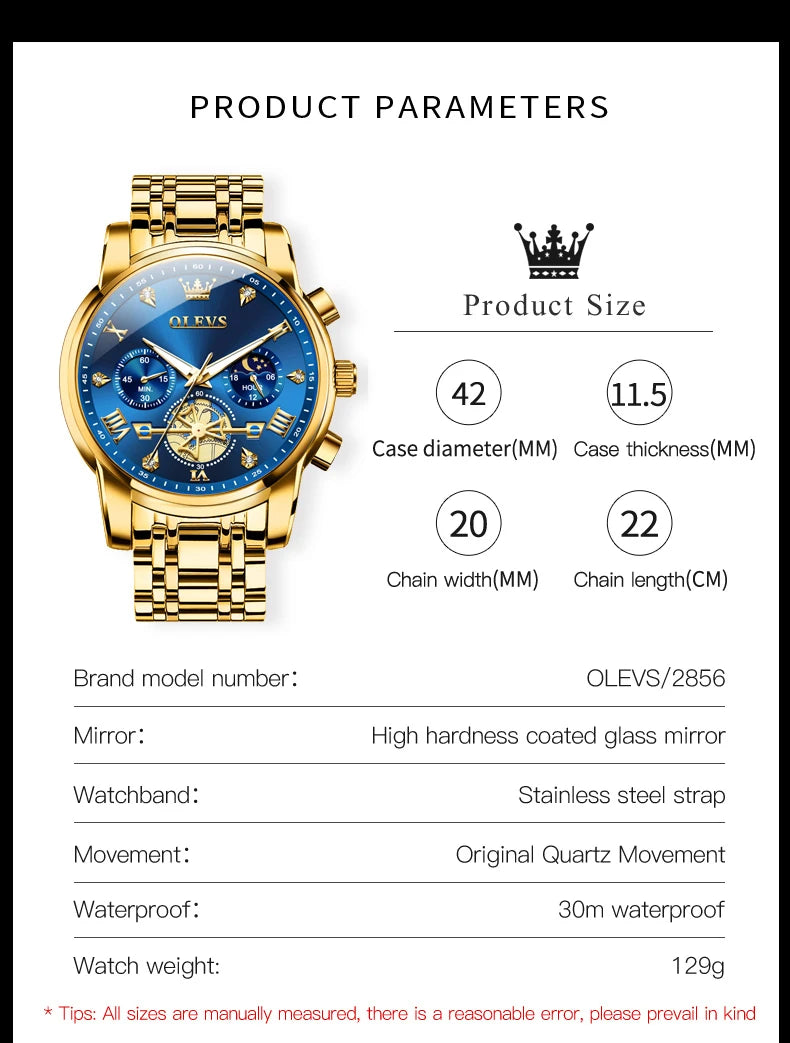 OLEVS 2856 Quartz Watches for Men Fashion Flywheel Design Chronograph Waterproof Luminous Calendar Moon Phase Men's Wristwatches