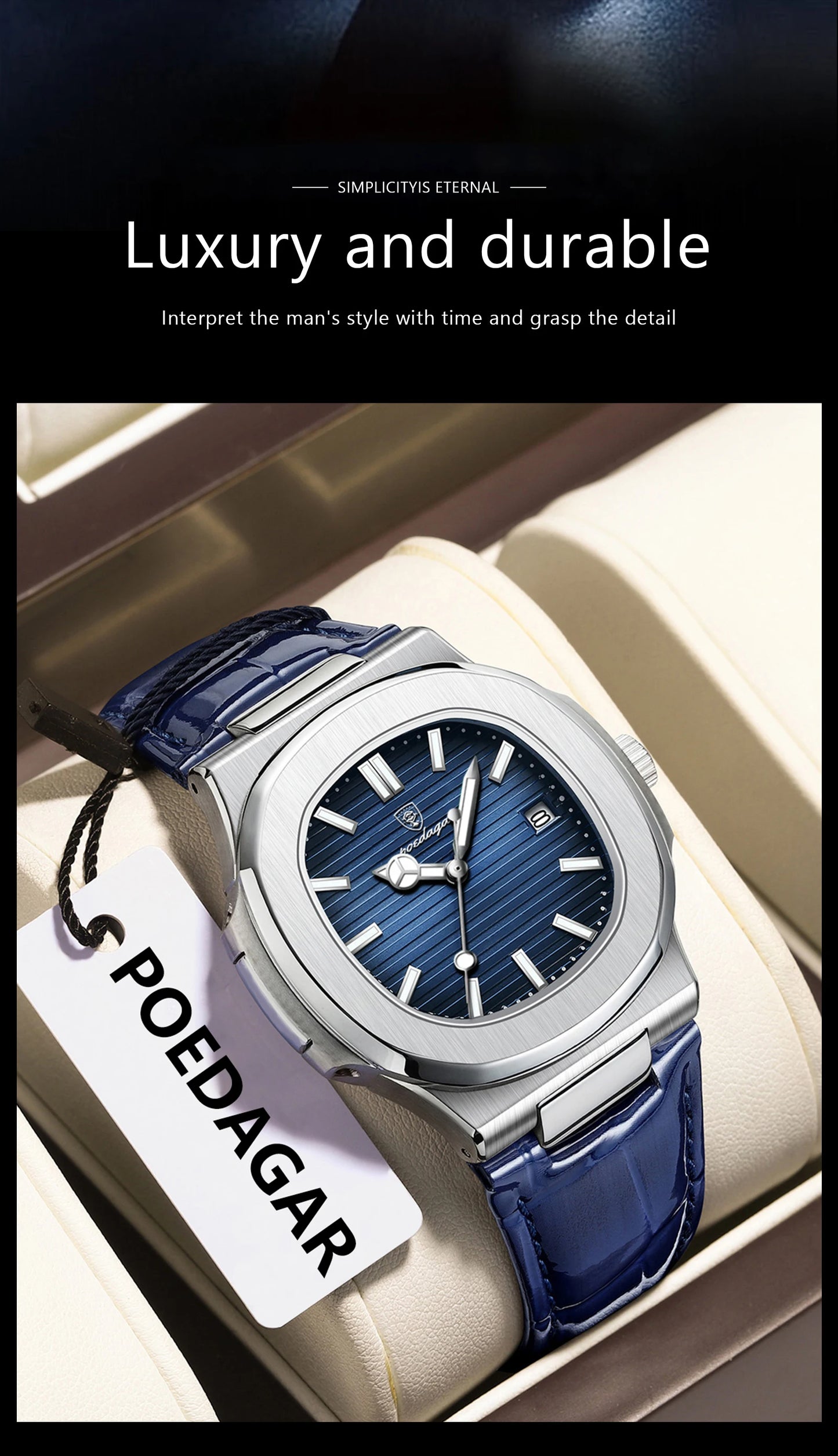 POEDAGAR Luxury Square Watch For Men Date Waterproof Luminous Quartz Business Man Wristwatch Leather Fashion Brand Men's Watches