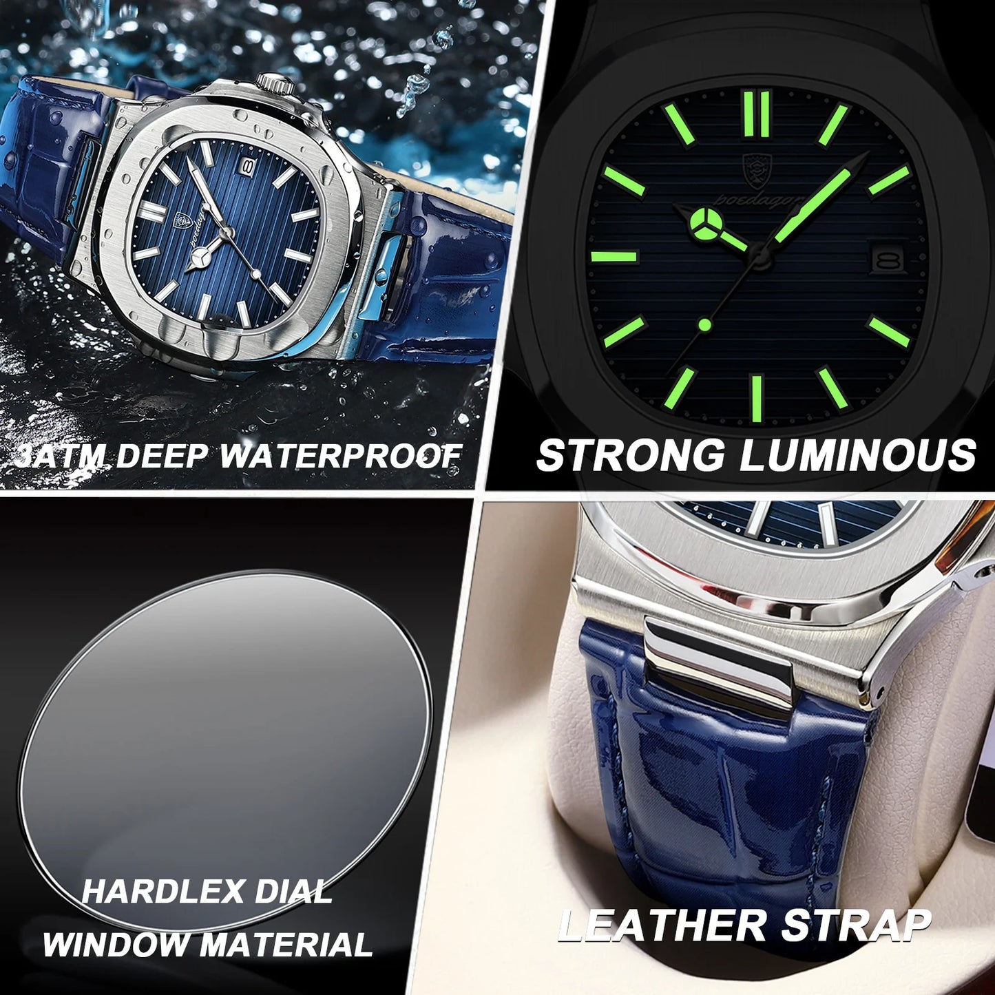 POEDAGAR Luxury Square Watch For Men Date Waterproof Luminous Quartz Business Man Wristwatch Leather Fashion Brand Men's Watches