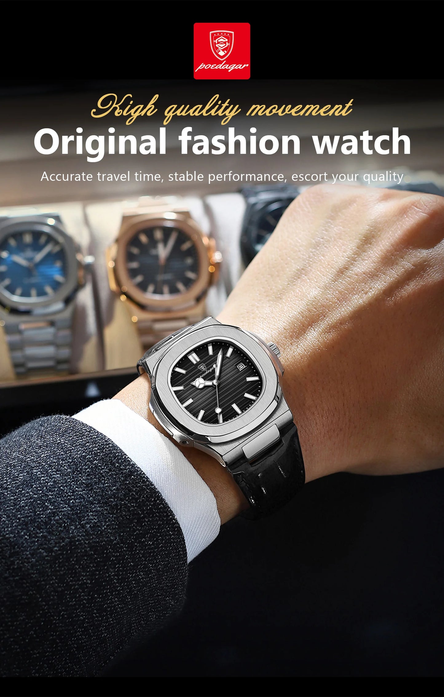 POEDAGAR Luxury Square Watch For Men Date Waterproof Luminous Quartz Business Man Wristwatch Leather Fashion Brand Men's Watches