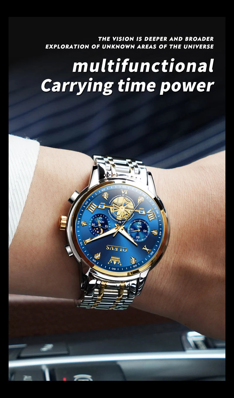 OLEVS 2856 Quartz Watches for Men Fashion Flywheel Design Chronograph Waterproof Luminous Calendar Moon Phase Men's Wristwatches