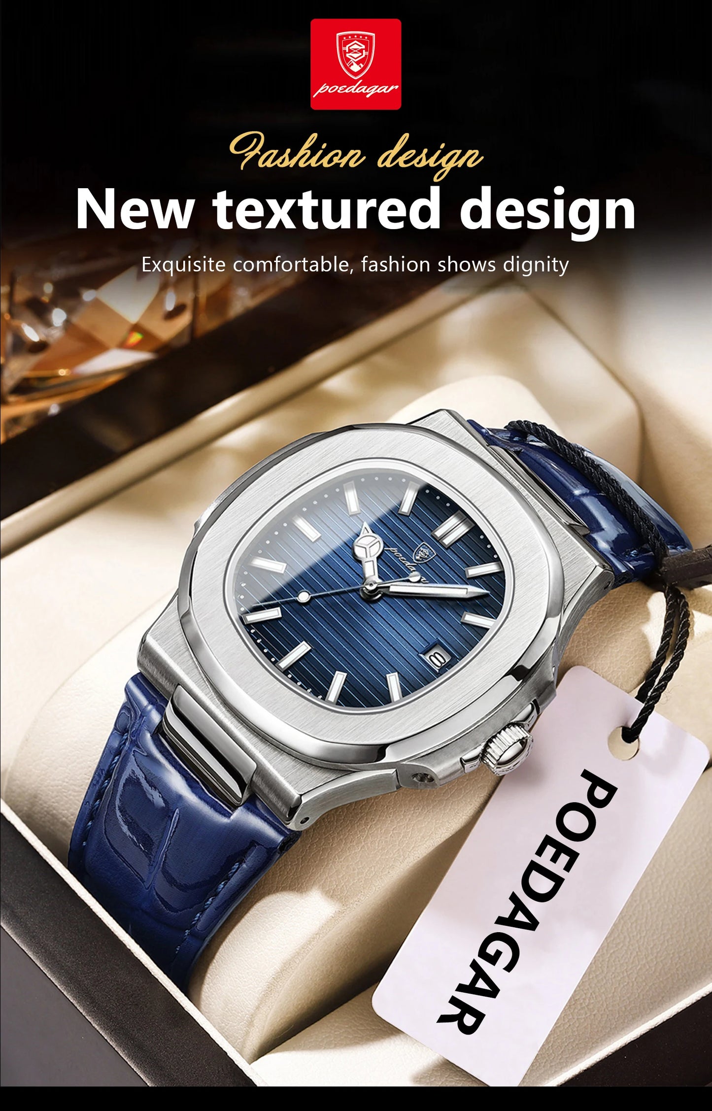 POEDAGAR Luxury Square Watch For Men Date Waterproof Luminous Quartz Business Man Wristwatch Leather Fashion Brand Men's Watches