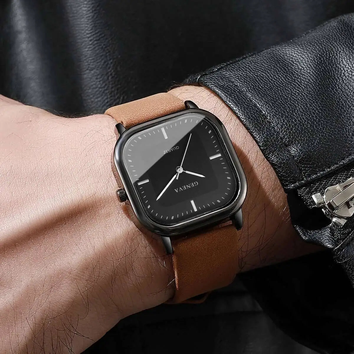 Fashion Square Minimalist Men's Quartz Watch Casual Leather Strap Wristwatch Reloj Hombre（Without Box）